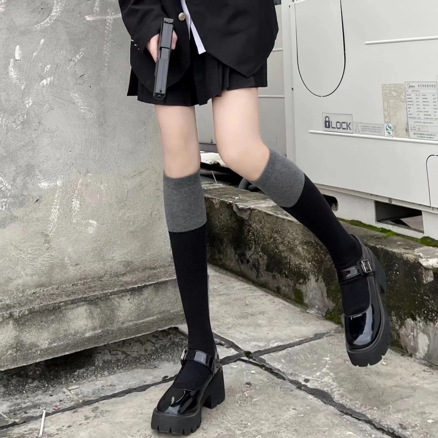 Women Warm Fashion Japanese Syle Cute Cool Lovely Black-Gray Black-Purple Spliced ​​Mid-Tube Over The Knee Half-Leg Long Socks
