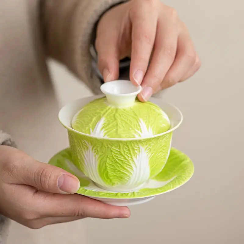 Handmade Chinese Dehua Mutton Fat Jade Cabbage Gaiwan Fortune Tea Brewing Bowl with Lid for Kung Fu Home Office Premium Gift