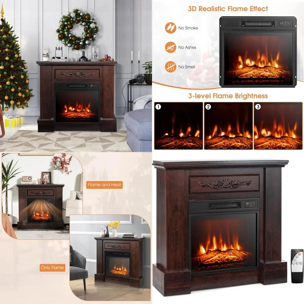 

32 Inch Electric Fireplace with Wooden Mantel and Freestanding Design, 18 Inch Insert Heater featuring 3 Adjustable Flames