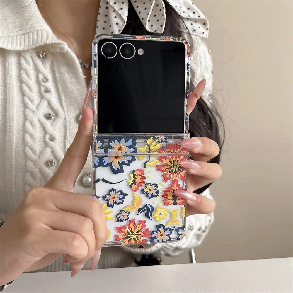 Vibrant Wild Blossom Floral Printed Clear Phone Case for Samsung Galaxy Z Flip 7-3 Blue Crystal Bead Strap Protective Cover