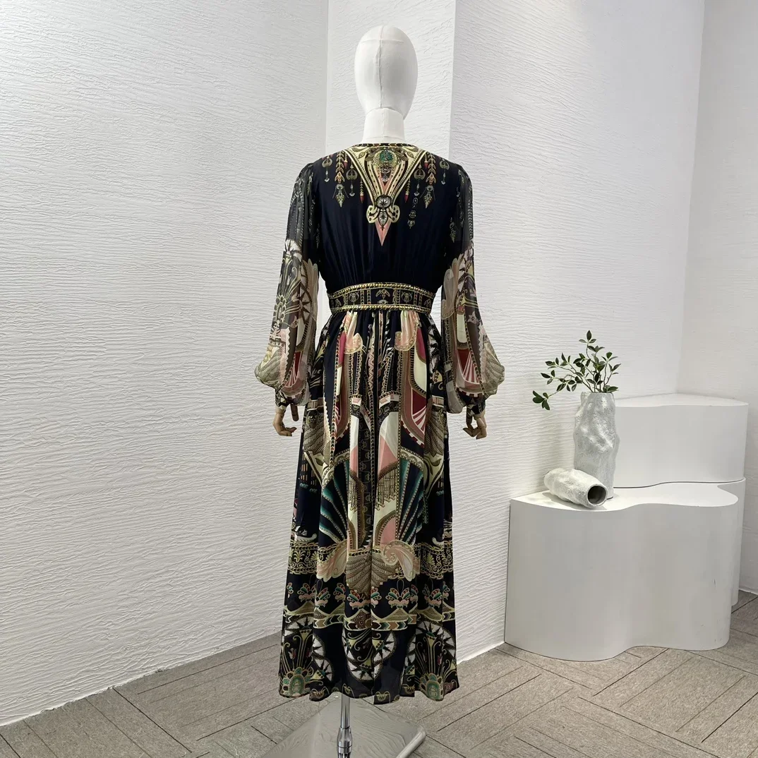 Women 2024 High Quality Black Floral Print Long Sleeve Deep V Neck Midi Wrap Self Tie Belt At Waist