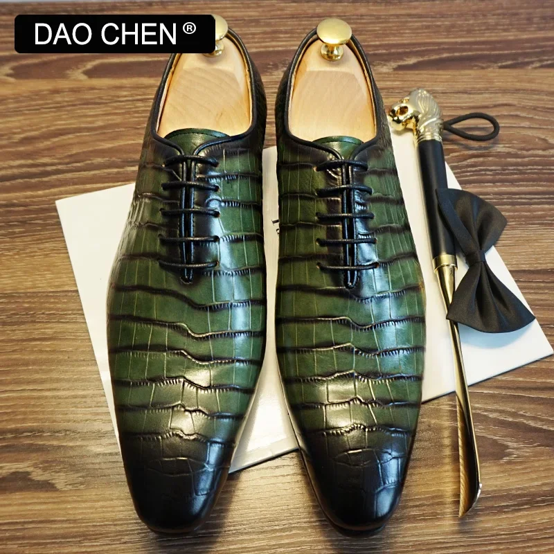 LUXURY MEN OXFORD SHOES GREEN BLACK CROCODILE PRINT SHOES LACE UP CASUAL MEN DRESS SHOE OFFICE WEDDING LEATHER MEN SHOES