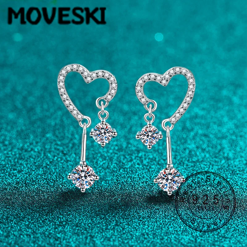 

MOVESKI 925 Sterling Silver Dainty Paved Heart & Round Cut Moissanite Dangle Earrings for Women, Romantic Wedding Bridal Jewelry
