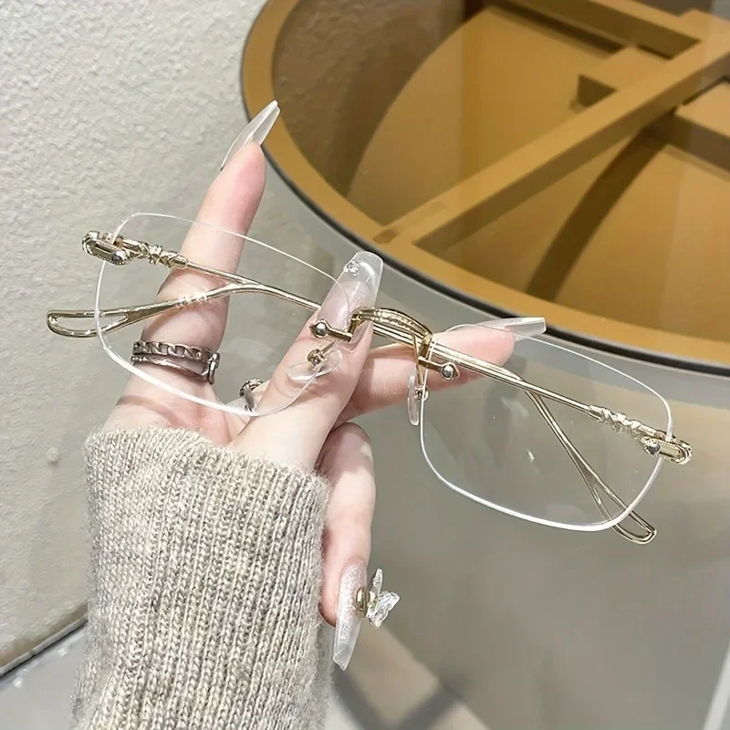 Elegant Women's Rimless Rectangle Glasses with Blue Light Blocking Metal Frame Glasses