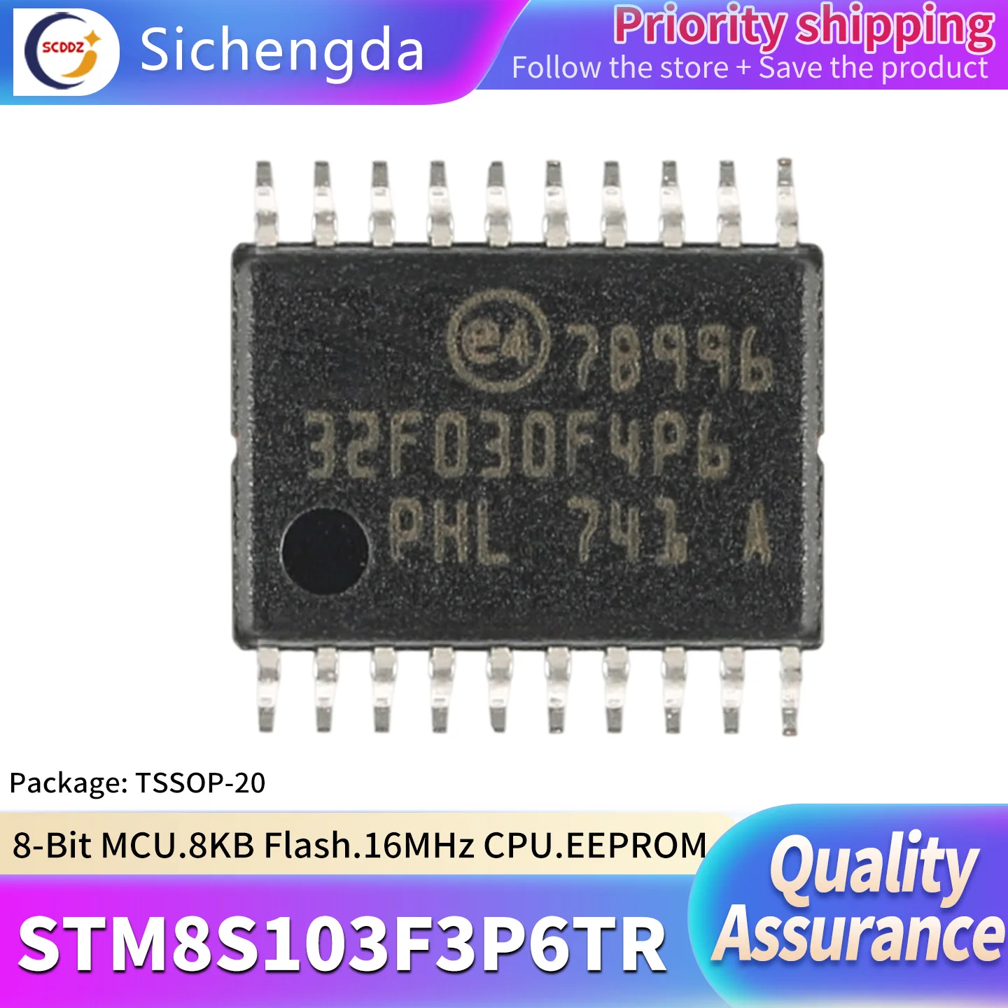 Original genuine STM8S103F3P6TR TSSOP-20 16MHz, 8KB flash memory, 8-bit microcontroller MCU