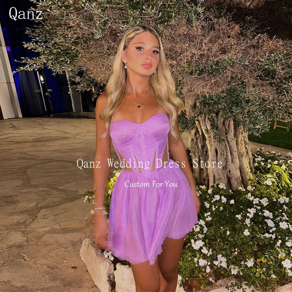 

Qanz Mini Purple Short Prom Party Dresses Sweetheart Chiffon Pleats Summer Beach Skirt Formal Evening Gowns Israel Prom Dress