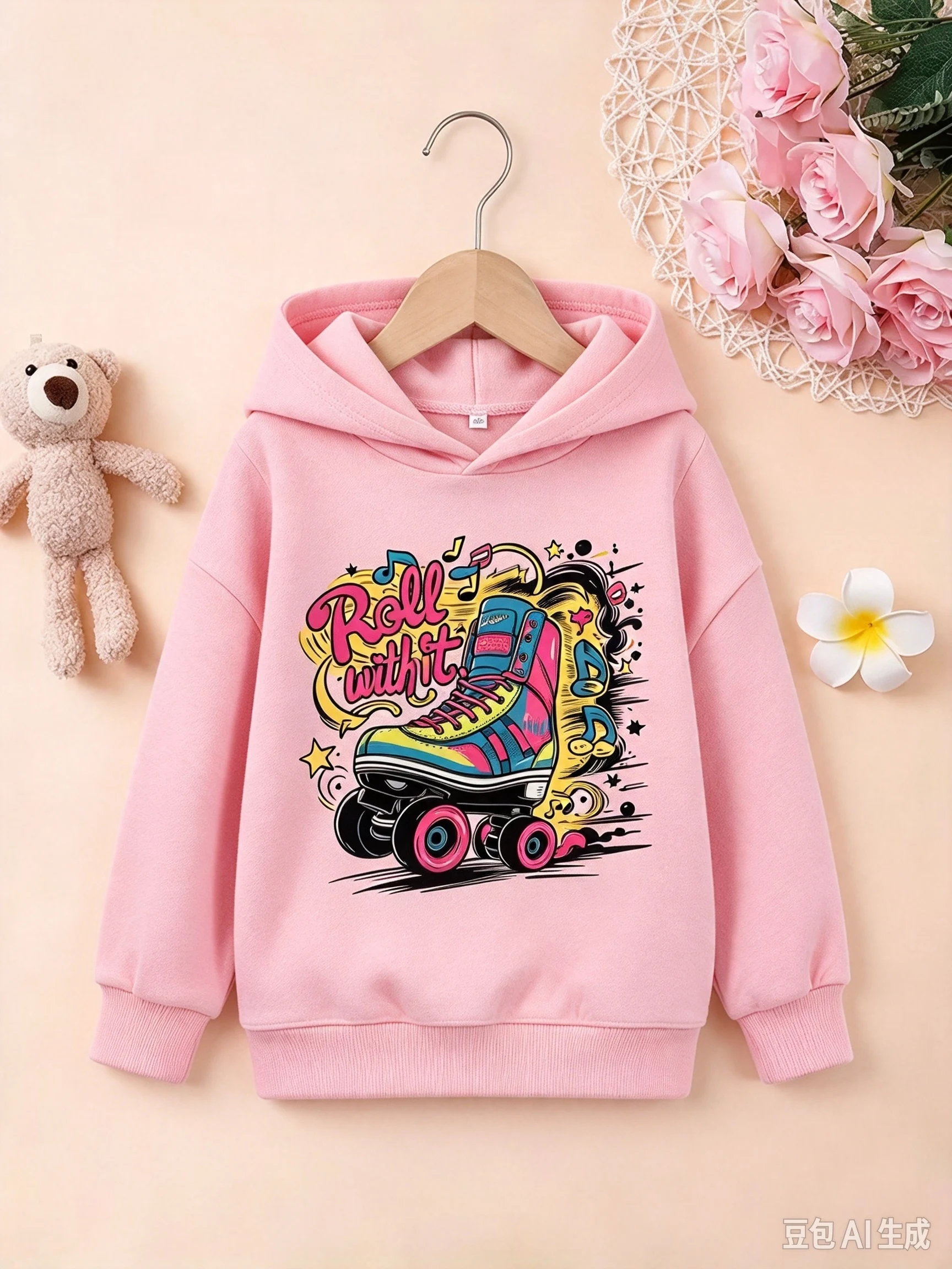 Boys Girls Retro Hooded Sweatshirt Colorful Roller Skate Graphic Print Kids Long Sleeve Hoodie Casual Pullover Tops For Children