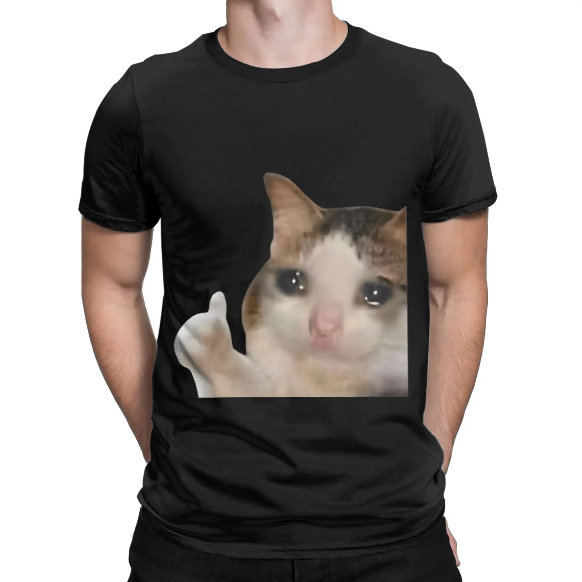 Thumbs Up Crying Cat Meme Novelty 100% Cotton T-Shirt Meme Cat Tops Tees For Men