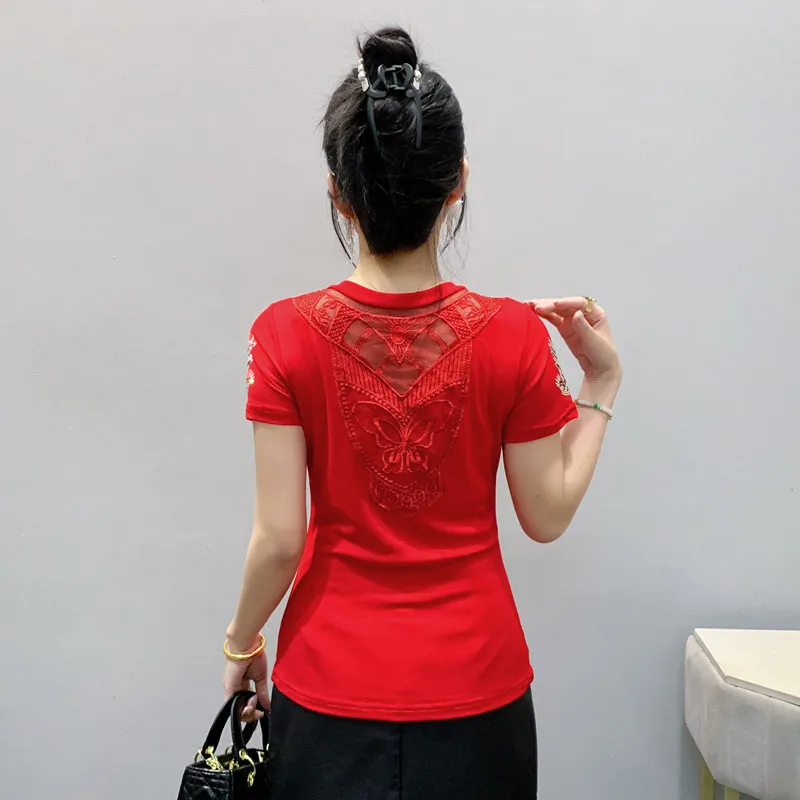 High-end Custom New Chic Cross V-neck Luxury Hot Diamonds T-Shirts Summer Short Sleeve Women's Tops Fashion Girl Slim Mesh Tees