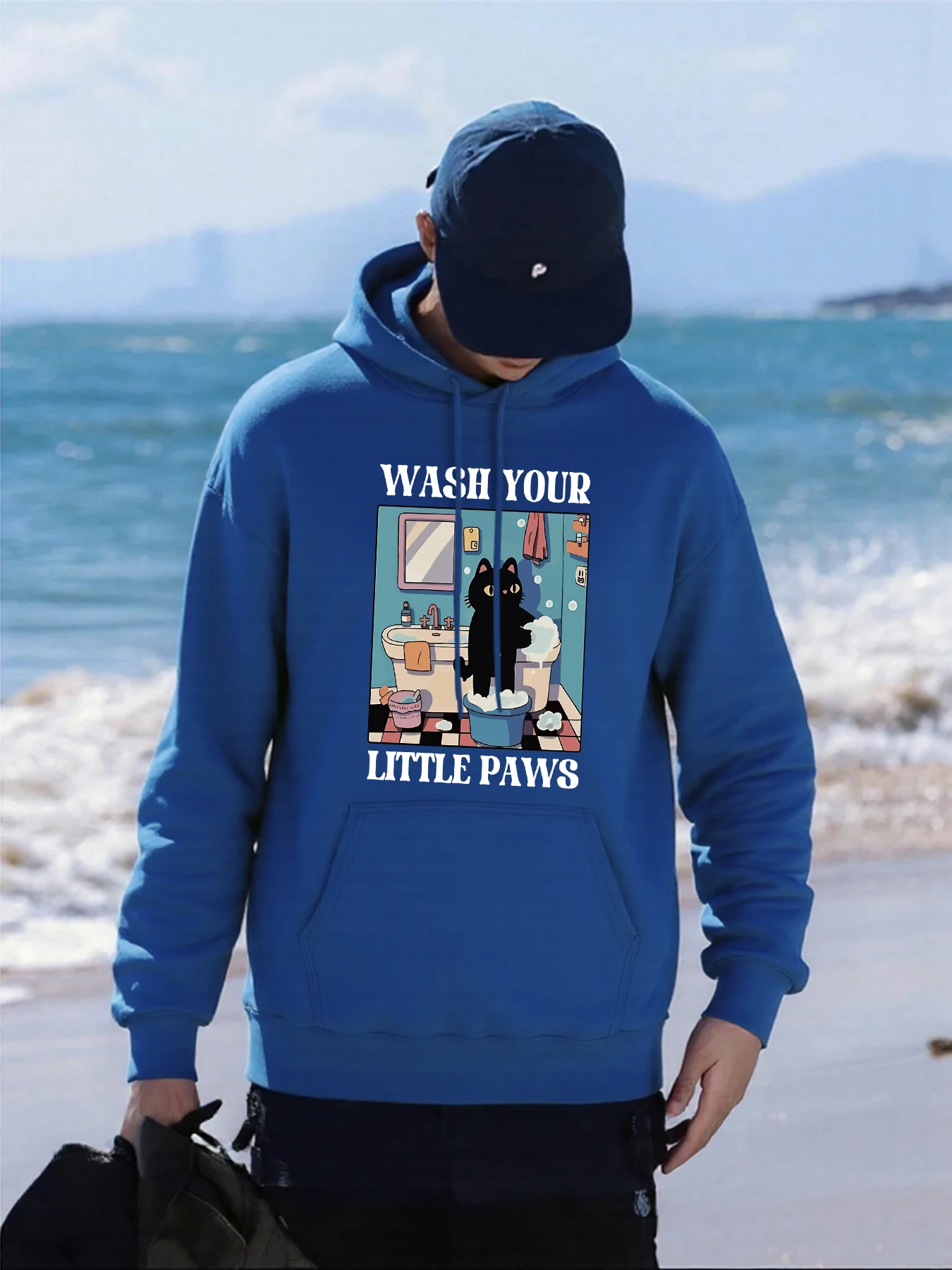 اغسل Your Littele Paws Cat نمط الرجال هوديس عادية الخريف جيب الشارع الشهير فضفاض الهيب هوب البلوفرات الصوف رجل هودي