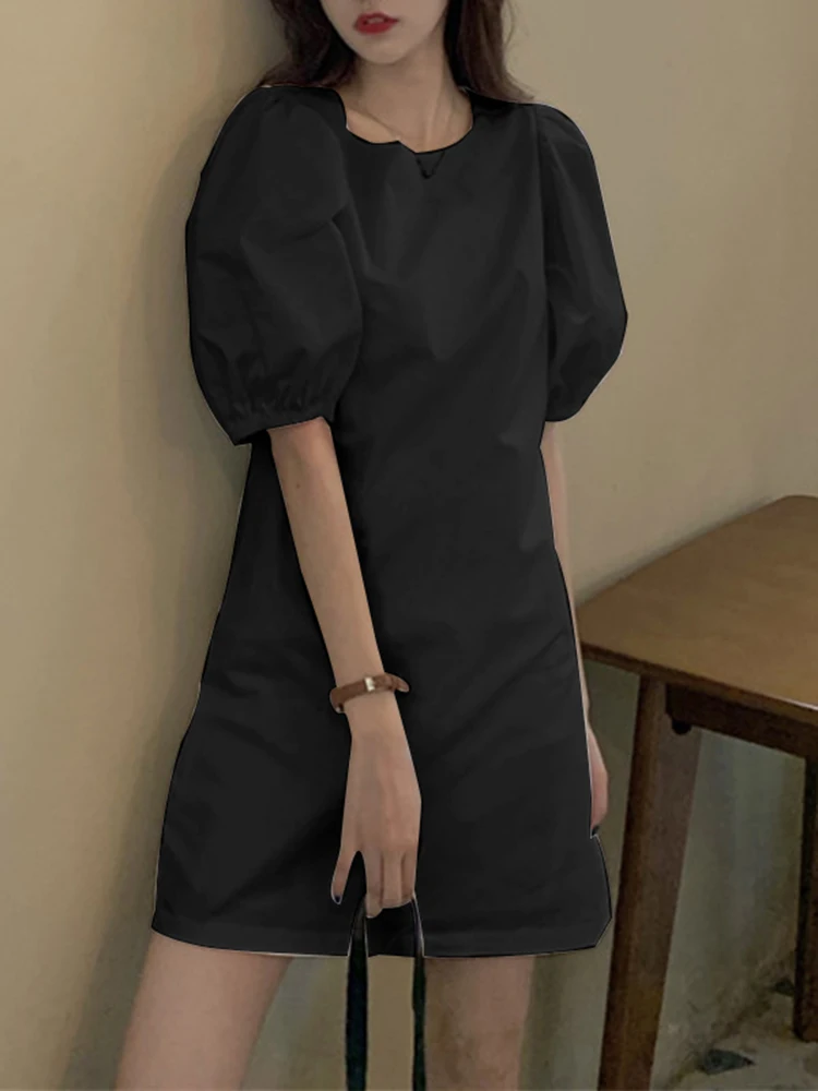 VONDA-minivestido de fiesta de verano para mujer, elegante vestido corto con mangas abullonadas, informal, liso, con cuello redondo, holgado y plisado, para vacaciones, 2024