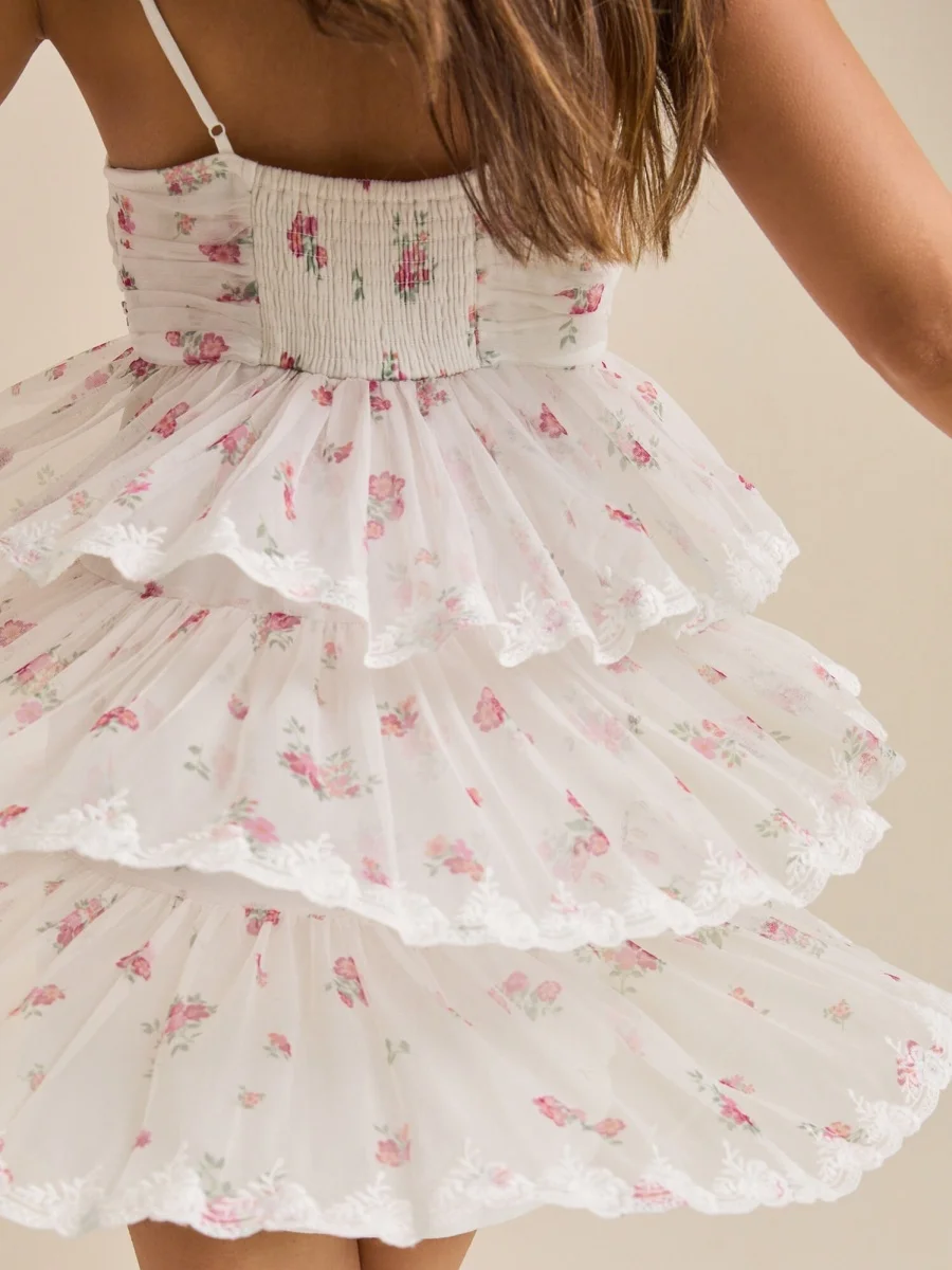 Feminino y2k boho plissado bolo mini vestido floral impressão cinta de espaguete vestidos curtos elegante em camadas pescoço quadrado sem mangas vestido de verão