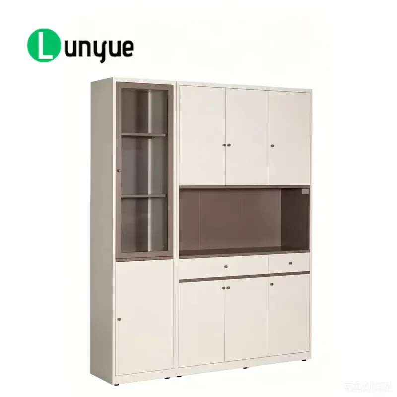 Modern White Steel High Cabinet with Glass Door Freestanding Kitchen Locker Buffet Counter with Open Shelf and Drawer