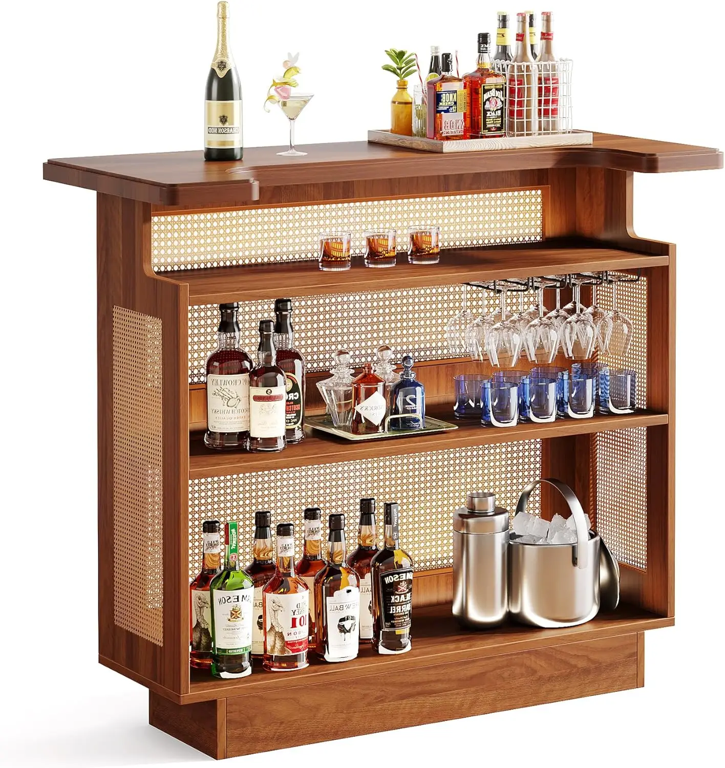 Little Tree Rustic Home Bar Unit, Rattan Table With 4 Tiers Storage, Liquor Wine Cabinet Mini Table For Home Pub