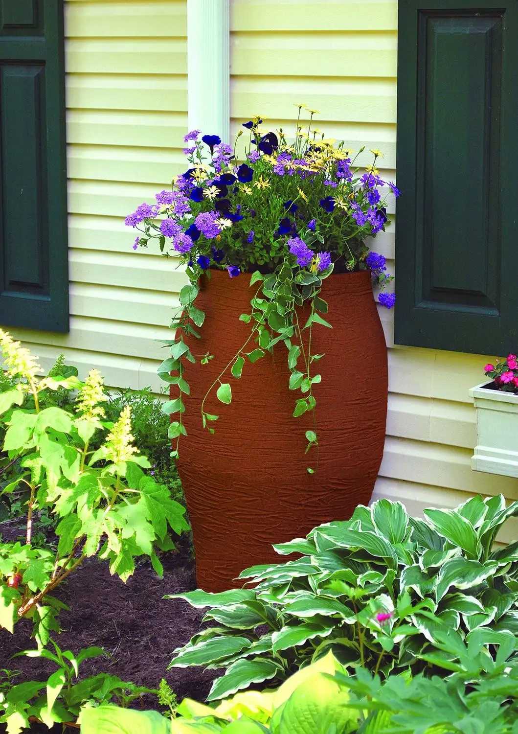 Rescue Flatback Stoneware, 50 Gallons, Terracotta 50 Gallon rain Barrel urn, Terra Cotta