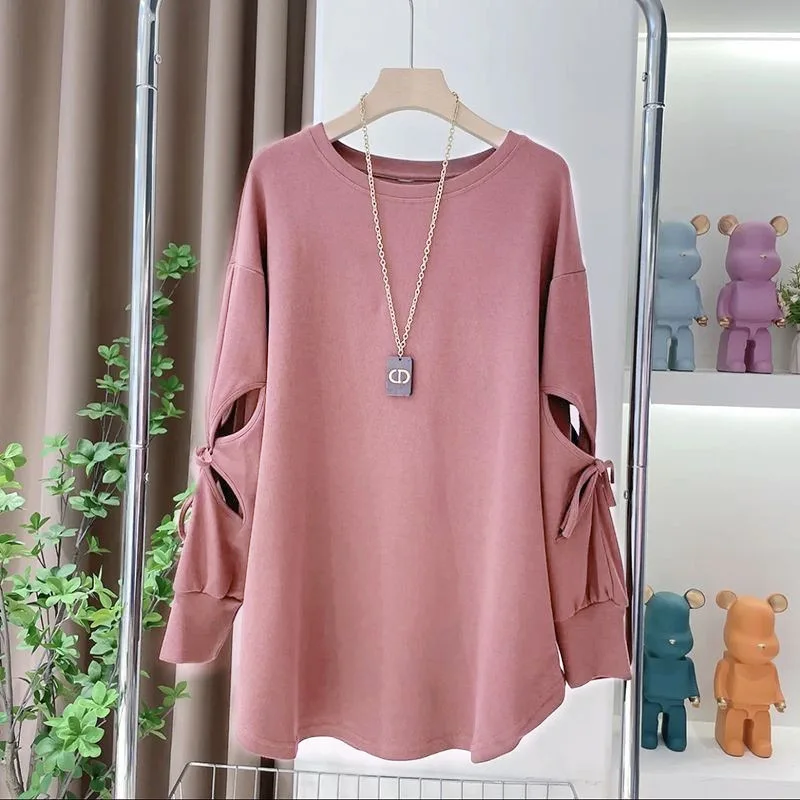 Women Elegant Shirts Vintage Spring Winter Bandage Butterfly Long Tees Blouse Top Hole Loose Casual Full Sleeve T Shirt Tops