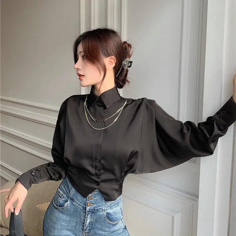 Vintage Elegant Button Solid Chiffon Shirt Spring Autumn 2024 New Polo-Neck Long Batwing Puff Sleeve Slim Blouse Women\'s Clothes