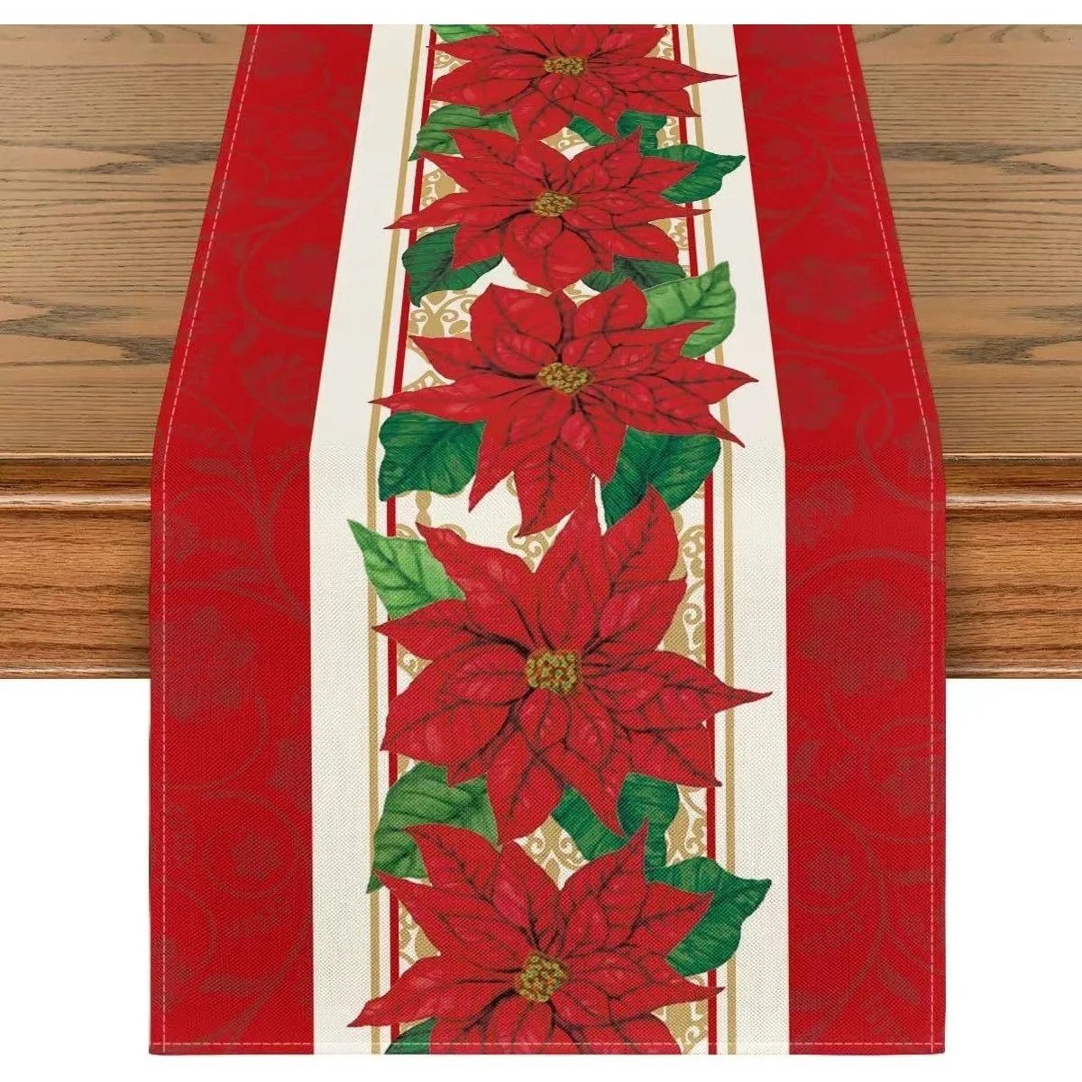 

Poinsettia Red Christmas Table Runner Winter Xmas Holiday Kitchen Dining Table Decoration for Indoor Outdoor Home Party Decor