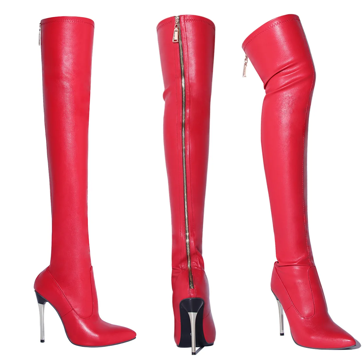 New Black Women\'s Boots Fashionable Solid Color Thin High Heel Metal Back Zipper Over Knee Boots for Women