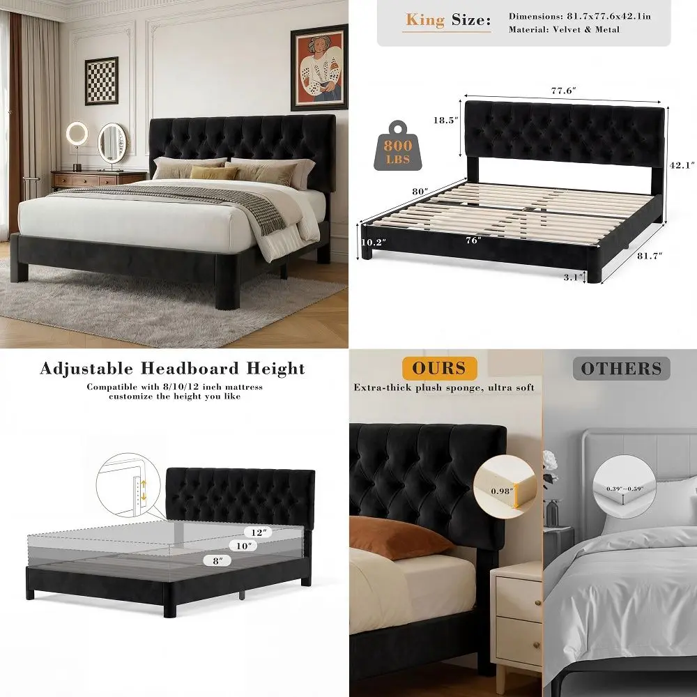 

King Bed Frame, Velvet Fabric Upholstered Platform Bed with Button Tufted Headboard, Strong Wooden Slats Support, Noise Free, E