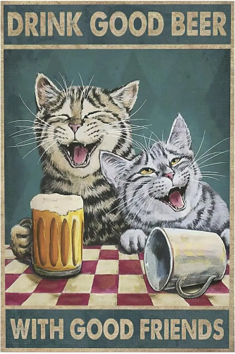Affiche Métallique Rétro Vintage Décoration Murale Chat qui Boit de la Bière avec des Amis Décorations Amusantes pour la Maison Bar Cuisine Art Mural