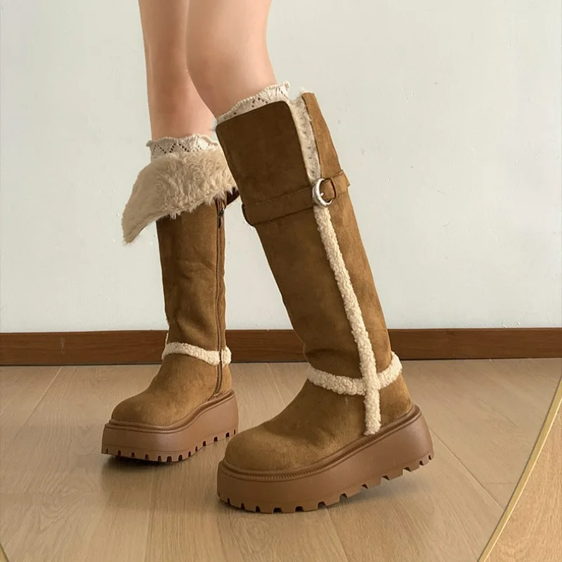 

Winter Warm Cotton Women's Fur Snow Boots Fashionable Thick soled Flat Shoes Women's Comfortable Tall Middle Boots