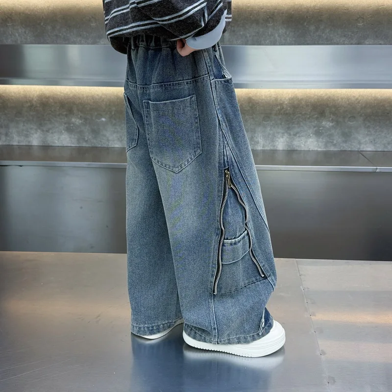 Kids Boys Handsome Wide Leg Denim Pants Jeans Trendy Cool Children's Autumn Spring Street Style Trousers with Side Zipper Design