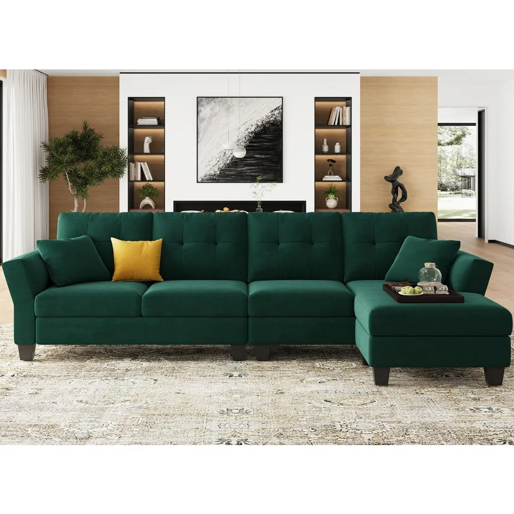 Convertible Sectional Couch Velvet L Shaped Sofa 4 Seat Sofa with Chaise L-Shaped Couches Reversible Sectional Sofa (Dark Green