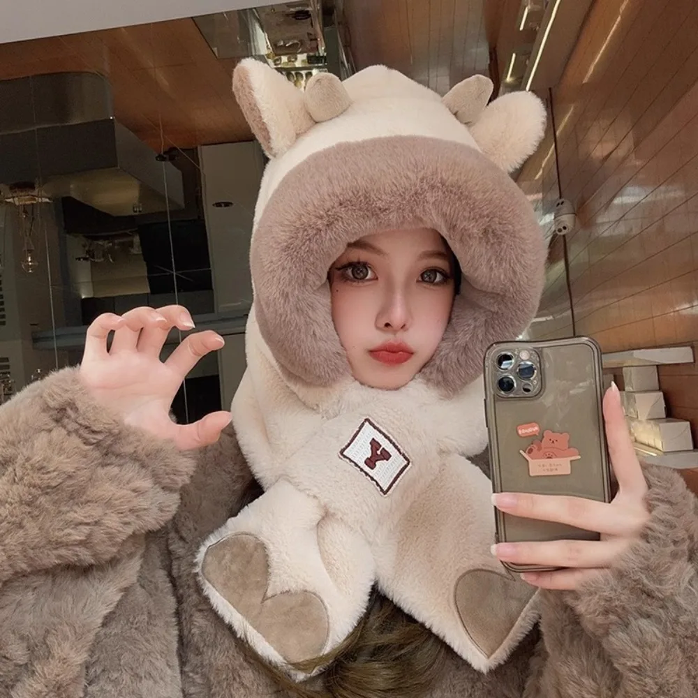 

New Thickened Plush Hat Scarf Gloves Set Winter Warm Cute Rabbit Ear Women Beanies Cap Ram's Horn Integrated Cap Scarf Cycling