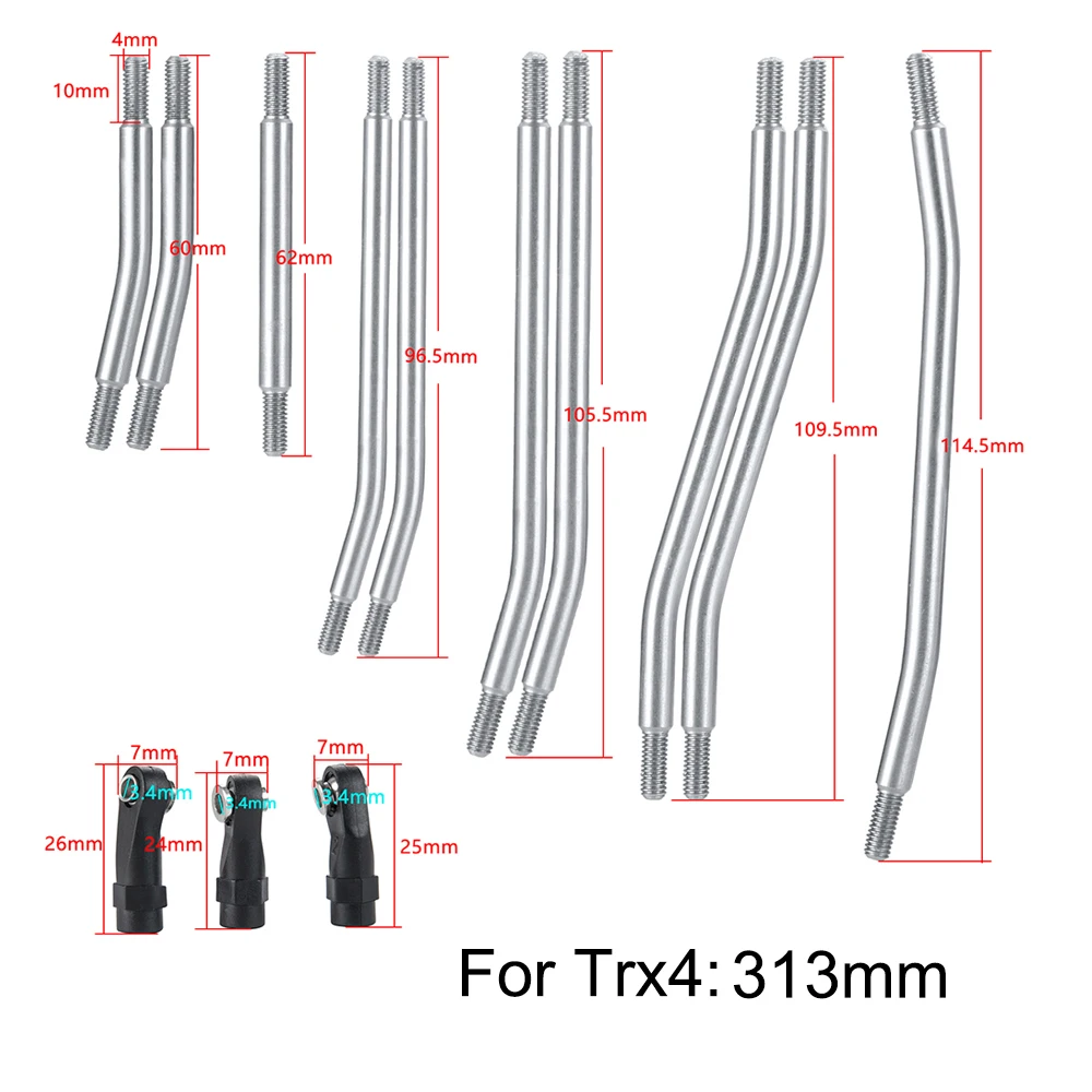 AXSPEED Stainless Steel Links with Rod Ends 313/324mm Suspension Linkage for 1/10 Axial SCX10 II 90046 TRX4 RC Crawler Car Parts