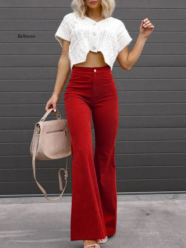 

Elegant Spring Autumn Women Corduroy Trousers Casual Skinny Wide Leg Pants Solid Long Pants Female Streetwear High Waist Bottoms