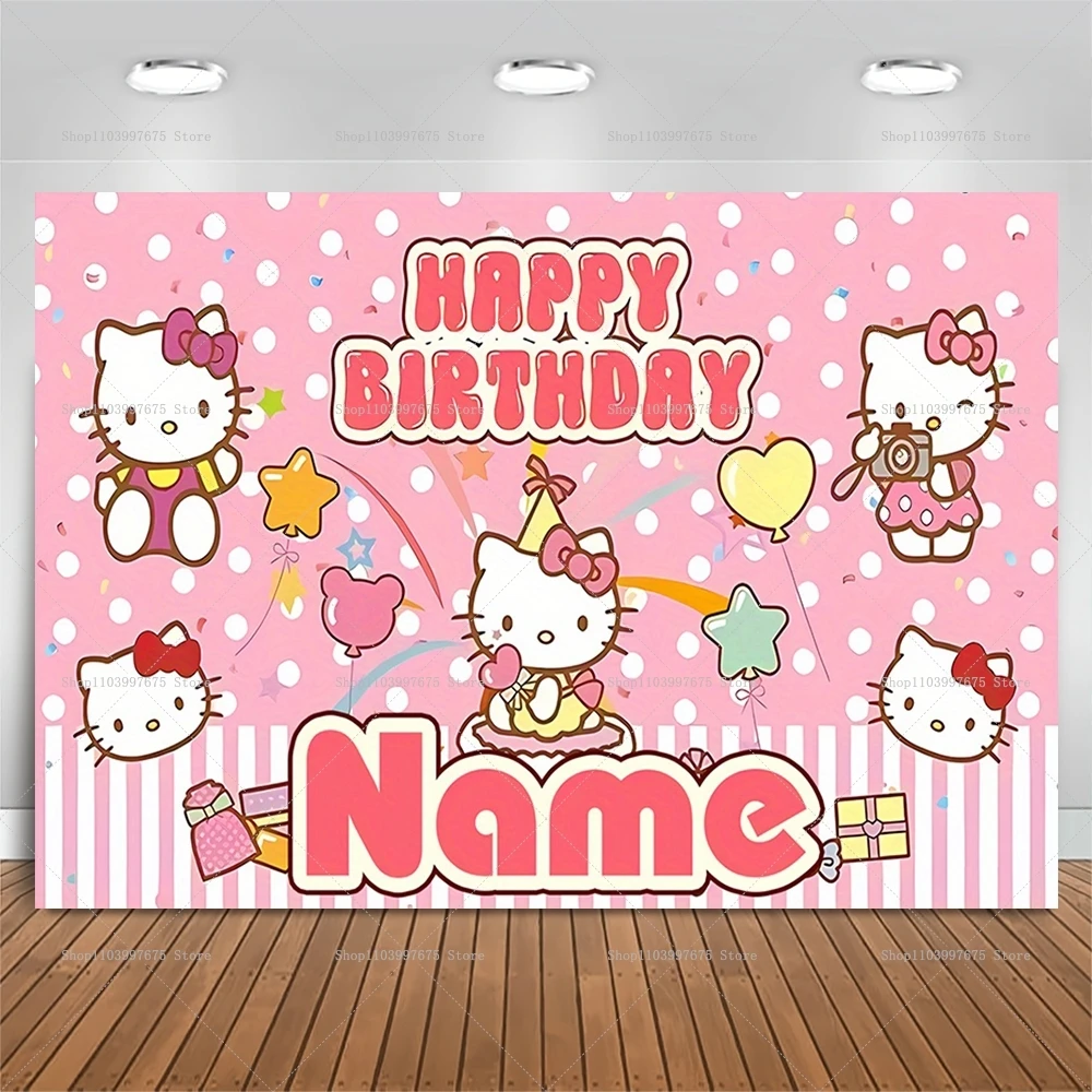 

Sanrio Hello Kitty Party Backdrops Custom Name Children's Birthday Balloon Decoration Photographic Background Baby Shower Banner