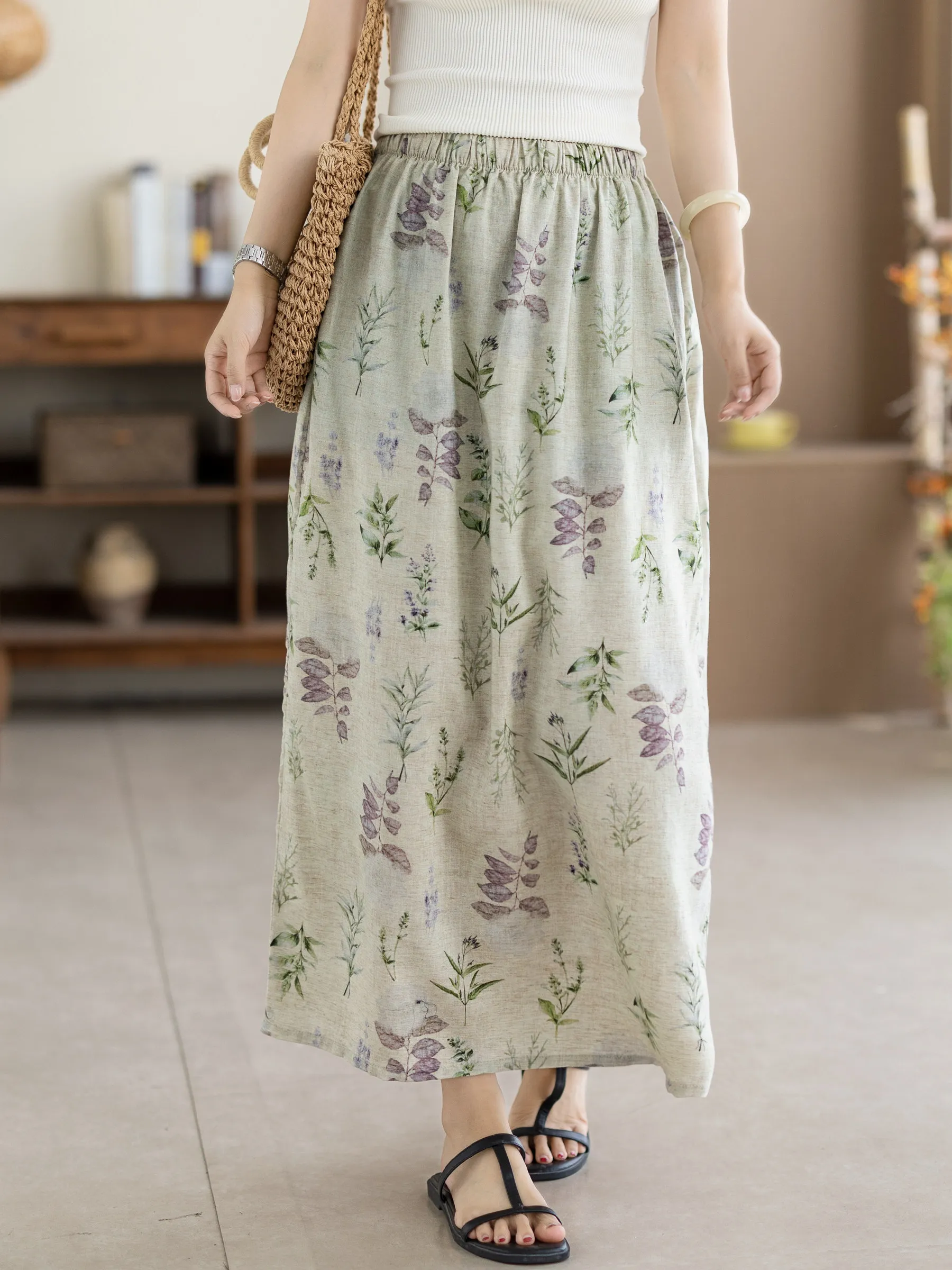 Floral Embroidery Linen Midi Skirt Women's A-Line Skirt Drapey Vintage Feel Commute Style mid Waist Fit Loose Elastic Waist