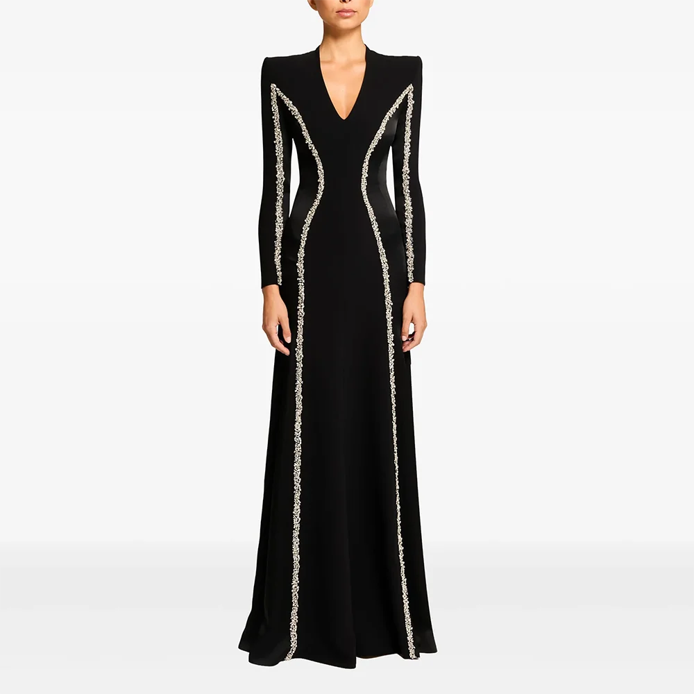 فساتين سهرة طويلة مخصصة باللون الأسود على شكل حرف V أنيقة للمناسبات الرسمية فساتين حفلات كريستال 2025 بطول الأرض فساتين لحضور الحفلات الموسيقية
