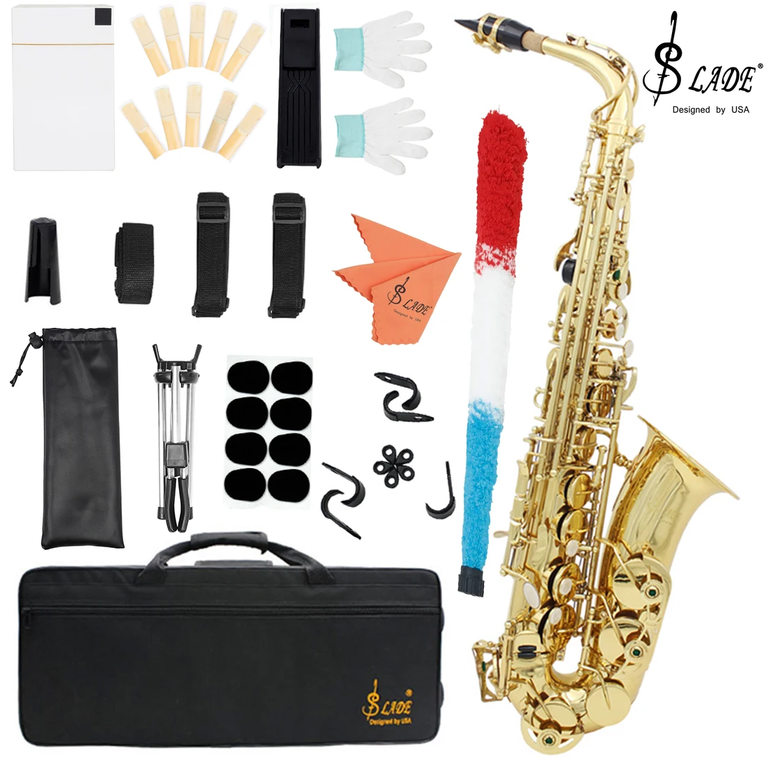 SLADE Eb Alto Saxophone Gold E Flat Alto Sax Set Woodwind Instrument with Carrying Case Mouthpiece Cleaning Rod Accessories