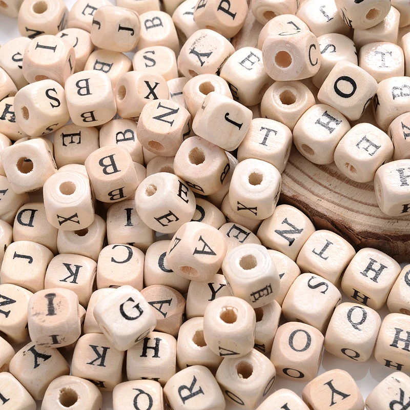 100/200Pcs 10mm Square Alphabet Beads Natural Hemu Wooden Letter Beads For Jewelry Toys Making DIY Baby Tool Choose Letter