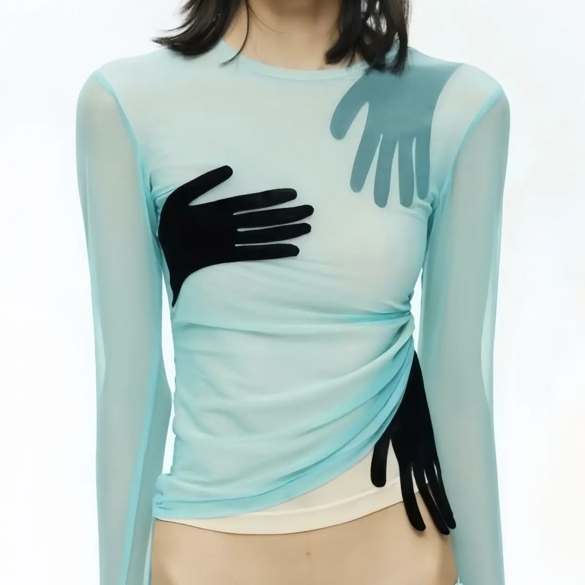 Mint Mambo Palm Gauzy Stitching Tops Y2g Hot Women Slim Fit Long Sleeve Slimming Round Neck Splicing T-shirt