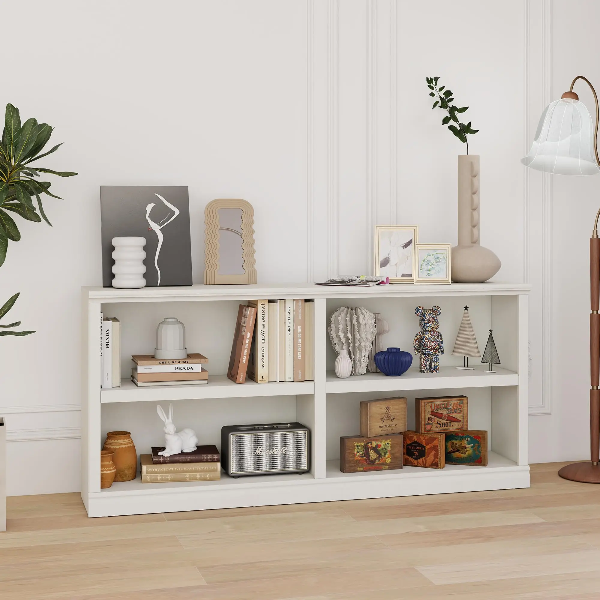 White Bookshelf Double Wide 64“ 2-Tier Bookcase 4 Cube Storage Organizer Wooden Bookcases for Bedroom and Home Office