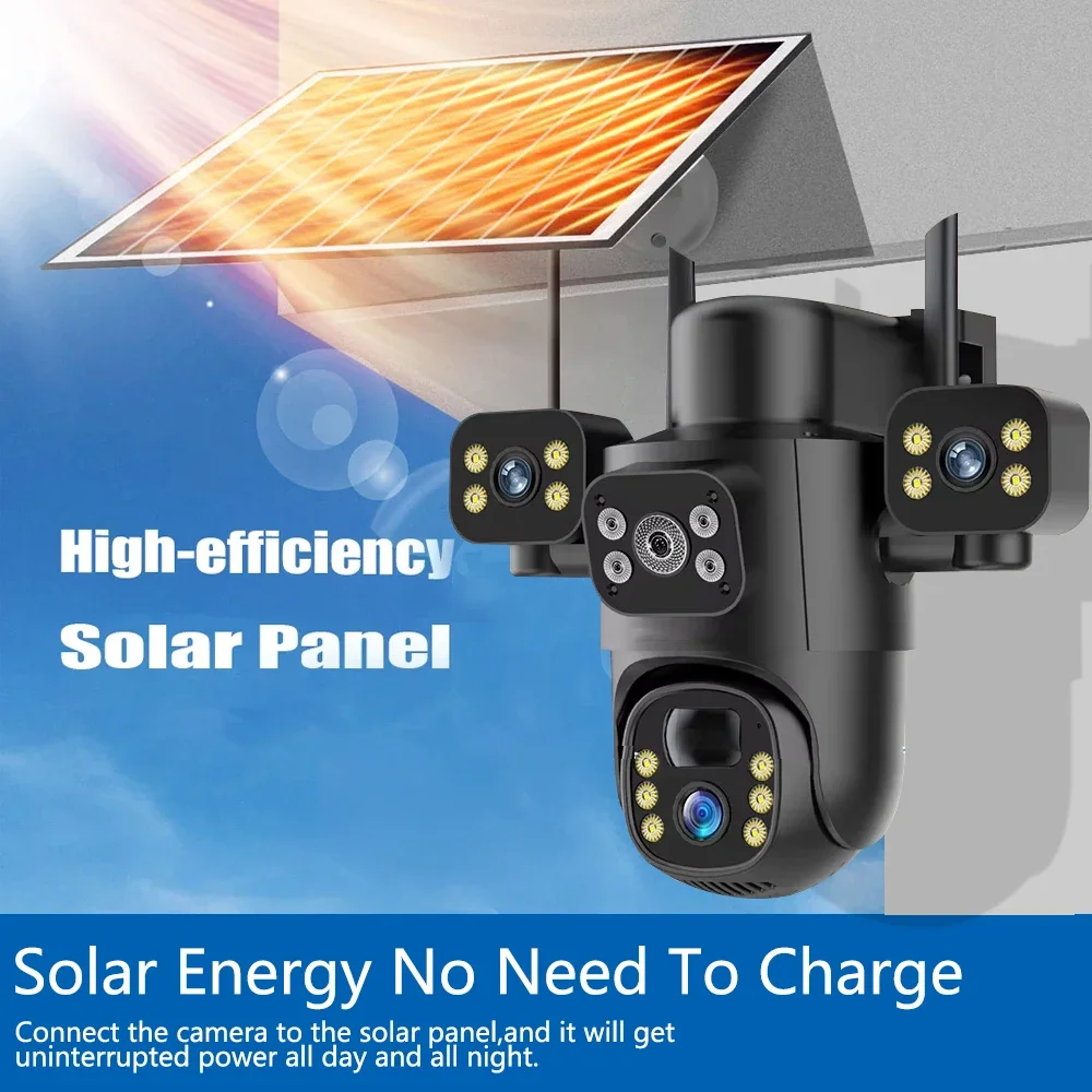 8K 15MP 4G SIM Solar Camera Outdoor 3 Lens 3Screen Surveillance CCTV PTZ PIR Detect Auto Tracking Solar Security Camera V380 Pro