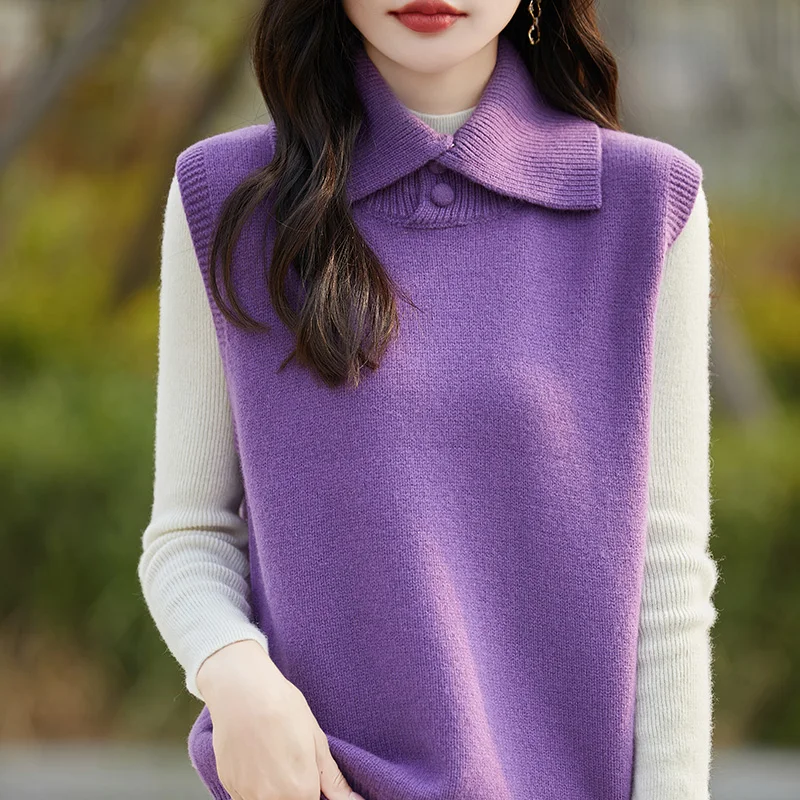 

pullover Ladies' 100% Beautiful Slave Wool Collar Vest Solid Color Knitted Versatile Sleeveless Sweater Short Hot New Releases