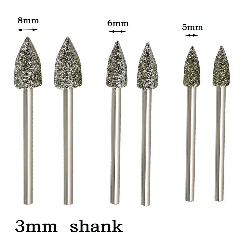 

2pcs 3mm Shank 5/6/8mm Diamond Grinding Head Mounted Bit Burrs Diamond Grinding Wheel For Jade Metal Stone Rotary Tool Access