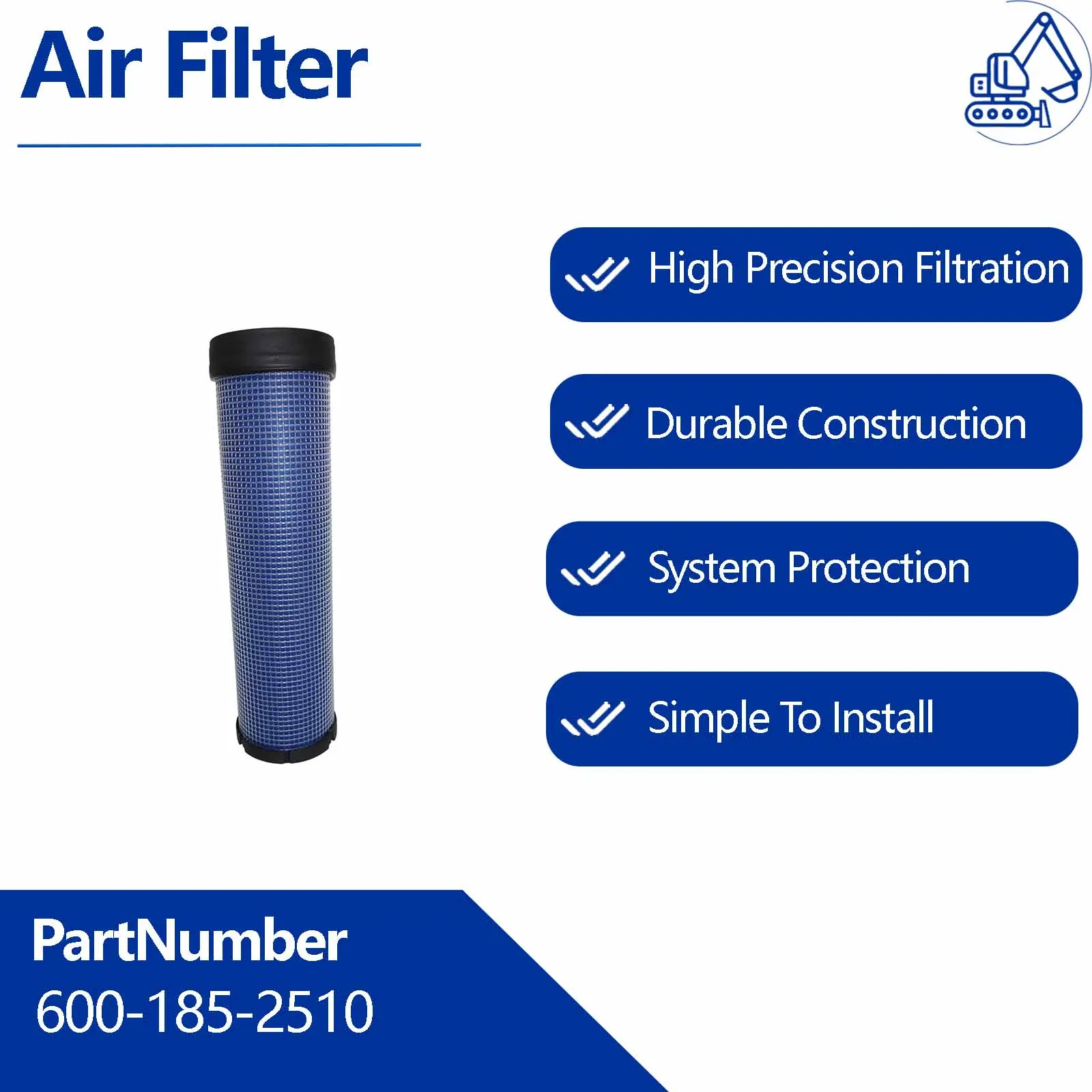 Air Filter 600-185-2510 For Komatsu PC110-8MO PC120-6E PC120-6EO PC120-7 PC120-7(4D102) PC128-7 PC130-6 PC130-7 PC130-8