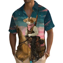 Oil Painting Western Cat Cowboy Riding Print Summer Fashion Men's Short Sleeve Shirt Travel Vacation Men's Shirt Oversized Top