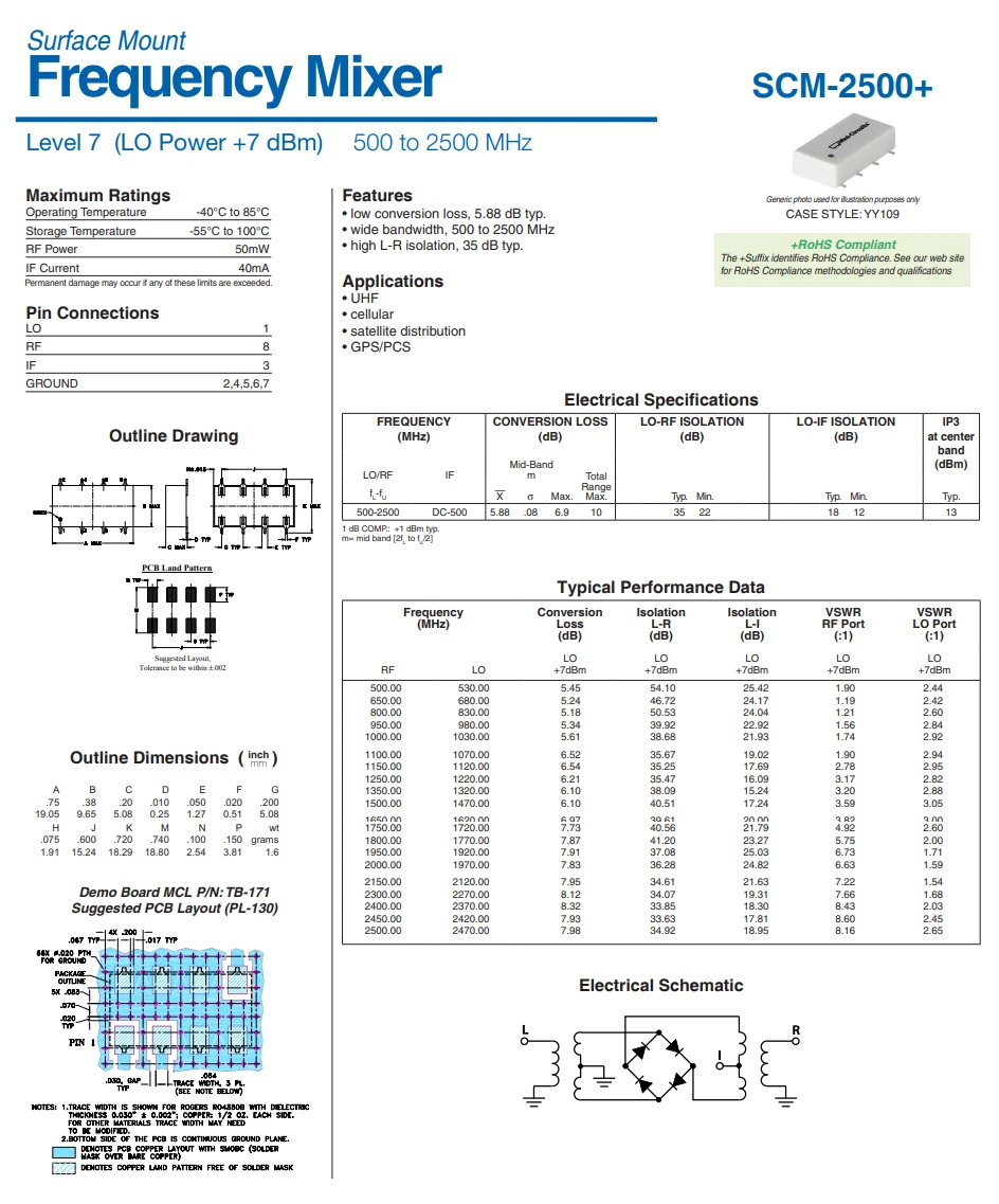 1pcs SCM-2500 SCM 2500 SCM-2500+ RF Transformer Frequency SMT Double Balanced Mixer Wide bandwidth 500 - 2500MHZ LO Power 7 dBm