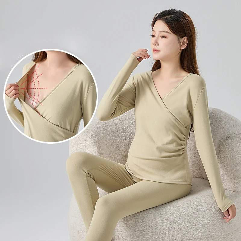 Maternity Tops Women\'s Thermal Underwear Set Winter Keep Warm Heated Thermal Suit Long Seamless Thin Postpartum Nursing Clothes