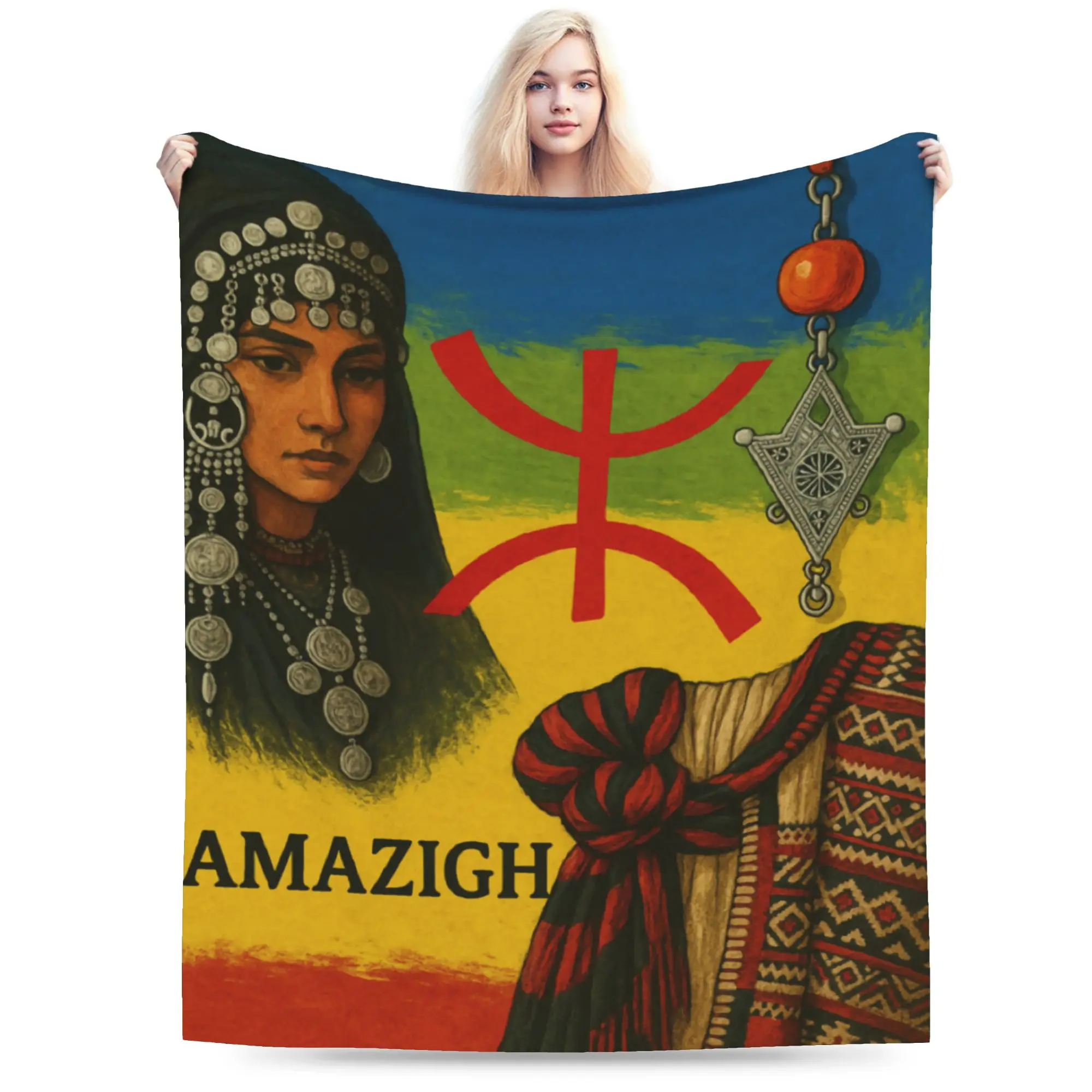 Custom 3D Printed Amazigh Beauty North African Heritage Blankets Breathable Soft Flannel Throw Blanket for Couch Car Bedroom