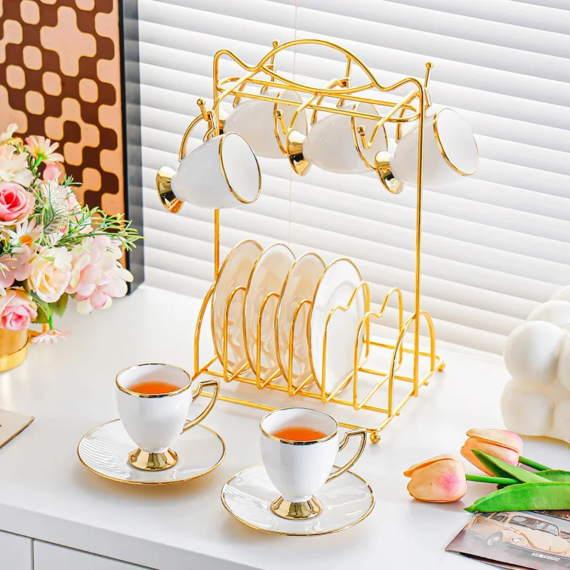 custom.Porcelain Tea Cup and Saucer Set with Gold Trim Including Metal Drying Rack Elegant Ceramic Home Tableware Daily Use