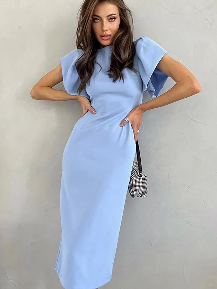 Elegant Bodycon Midi Dresses For Women Summer Casual Ruffle Sleeve Slit Office Dress Fashion Chic Blue New In Dresses 2023