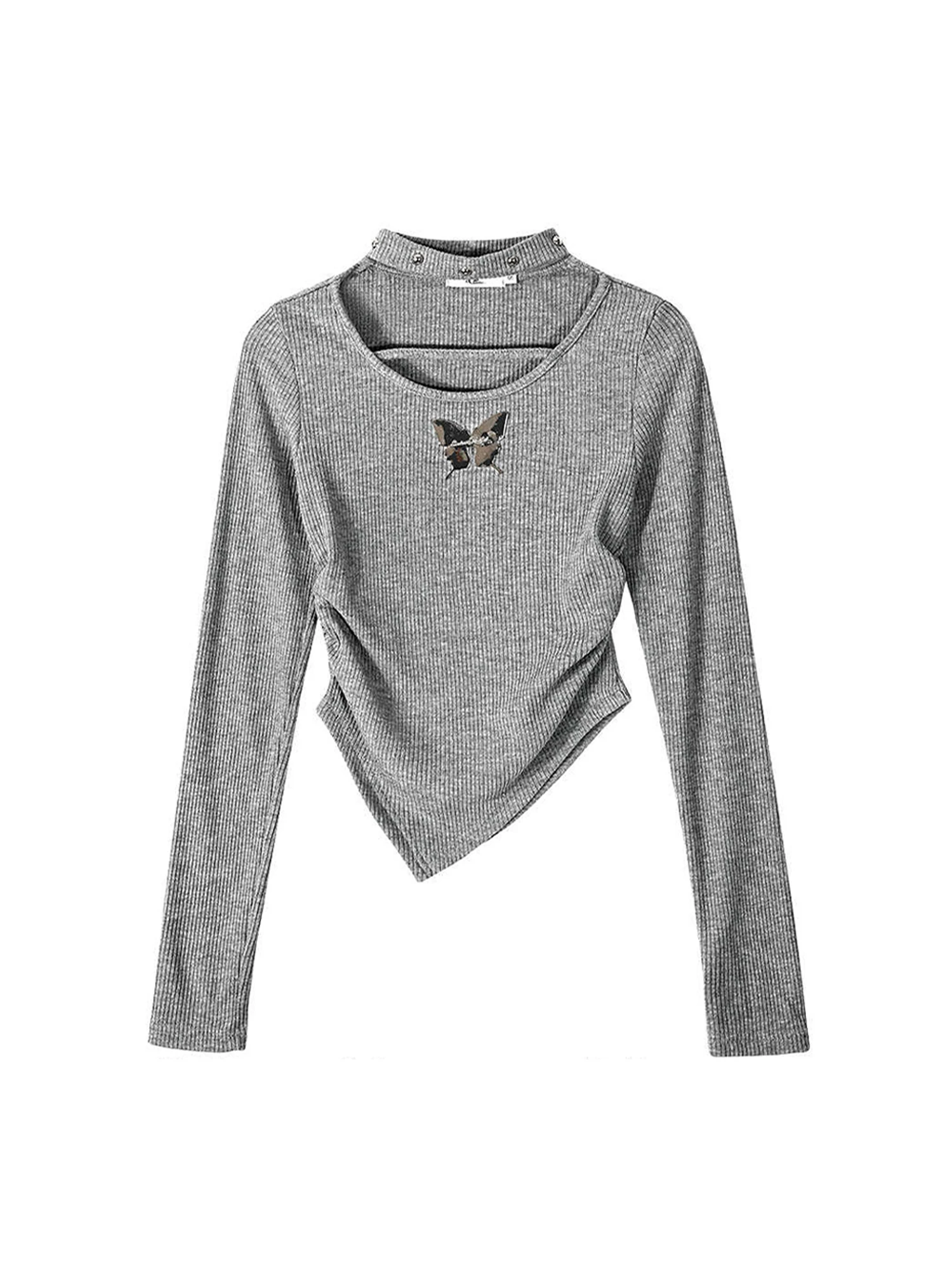 

Women's Grey Hollow T-shirt Y2k Gyaru Tee Top Vintage 90s Aesthetic Long Sleeve Asymmetrical T-shirts Emo 2000s Clothes Autumn