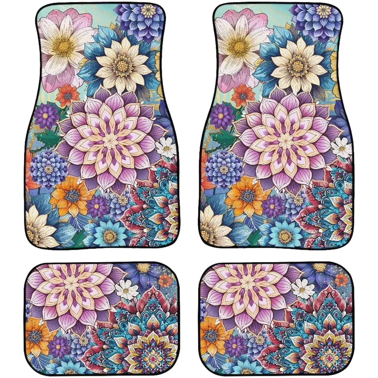 Set Of 4 Tribal Floral Design Car Floor Mats, Bohemian Car Additions For Decoration, Universal Fit For SUV And Truck Front And R
